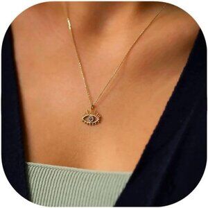 Evil Eye Necklace for Women 14K Gold Plated Delicate Necklaces Blue White CZ Dia